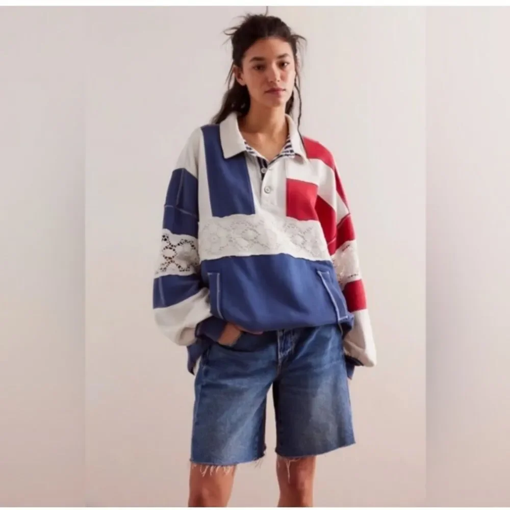 Free People We The Free American Dream Polo Pullover Top Striped